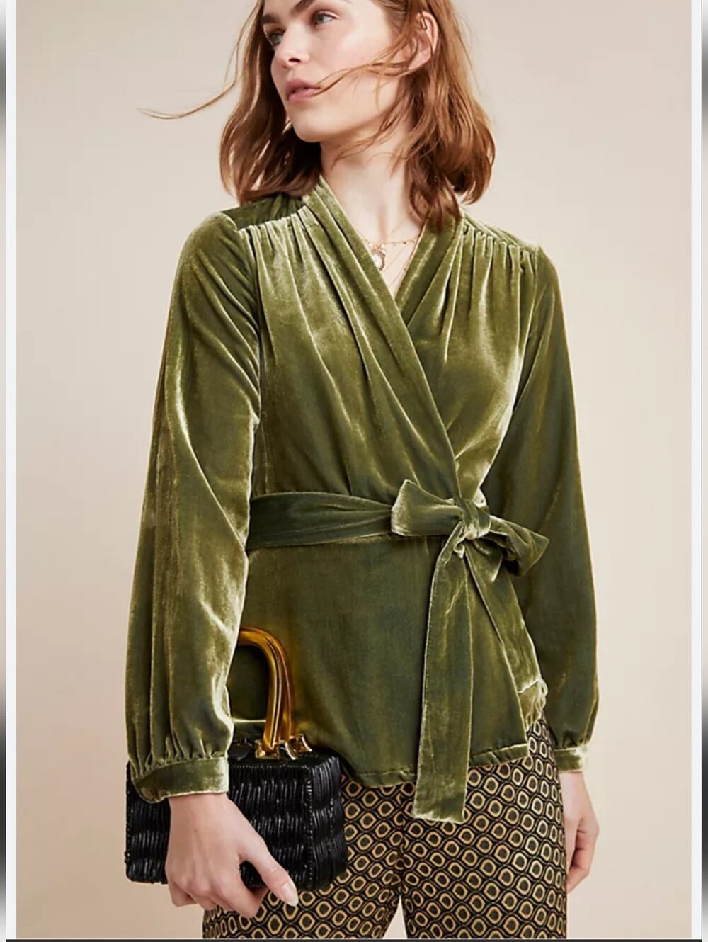 Moulinette Soeurs By Anthropologie  Olive Velvet Wrap Tie-Waist Blouse Size Med